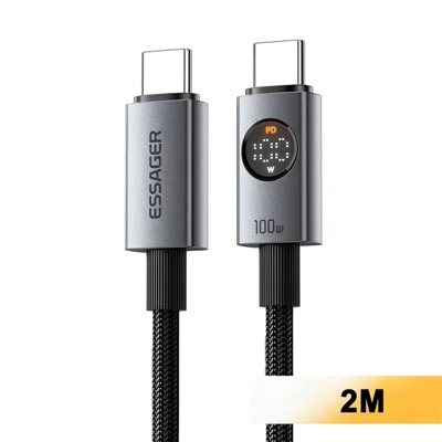 ESSAGER ES-X89 1m Type-C to Type-C Cable 100W 5A LED Power Display USB 2.0 480Mbps Cord - Grey
