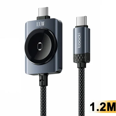 TOOCKI 1,2 m 2 en 1 câble de données USB-C à chargement rapide 100 W avec chargeur sans fil 2,5 W pour Apple Watch - Noir