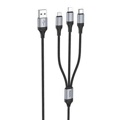HOCO X102 1m 3-in-1 Charging Cable Nylon Braided USB-A to Micro-USB + iP + USB-C Data Cord - Black