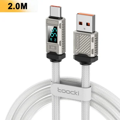 TOOCKI TQ-X84A2 2m USB-A to USB-C Cable LED Digital Display PD 66W Fast Charging Data Transfer Braided Cable - White