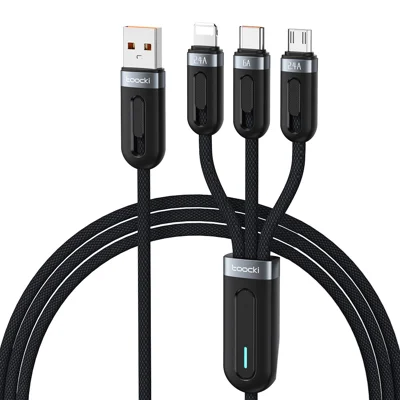 TOOCKI TQ-X18 Cavo di Ricarica 3 in 1 1,2 m 66 W 6 A Tipo-C iP Micro USB Ricarica Veloce Cavo Intrecciato - Grigio