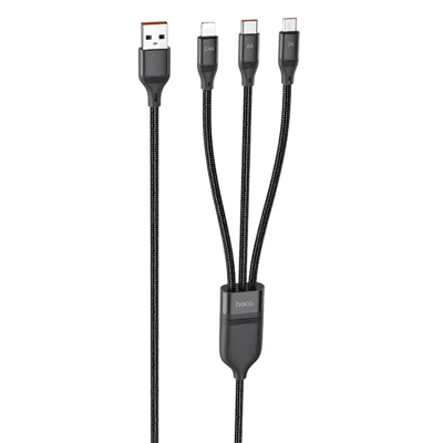 HOCO U104 1.2m 3 in 1 Fast Charge Data Cable, USB to iP + Micro + Type-C Cord - Black