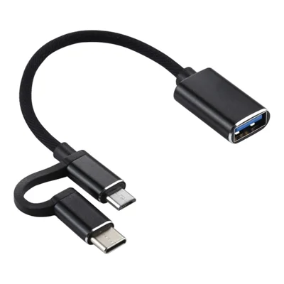 USB 3.0 Женский OTG Адаптер 2-в-1 Micro USB+Type C Мужской Нейлоновый Плетеный Кабель для Зарядки и Передачи Данных - Черный