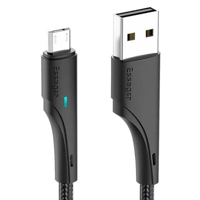 ESSAGER 2m Phone Charge Cable USB to Micro USB 2.4A Fast Charging 480Mbps Transfer Wire LED Light Design Cord - Black