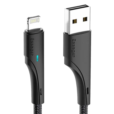 ESSAGER 1m Cell Phone Cable USB zu iP 2.4A Schnellladekabel 480Mbps Übertragungsgeschwindigkeit Geflochtenes Design LED-Lichtdesign für Lightning-Geräte - Schwarz