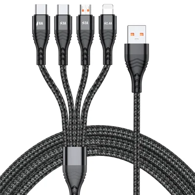 Til iPhone 15-serien 2 m 4-i-1 66 W 6 A 4-udgang hurtig opladningskabel USB til 8-pins + Micro USB + Dual Type-C tekstileret kabeladapter - Sort