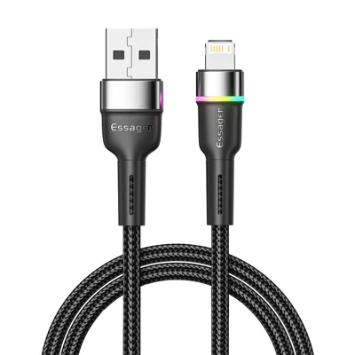 ESSAGER 2 m USB-A naar 6Pin 3A snel laadkabel met LED-verlichting 480 Mbps gegevensoverdrachtskabel - Zwart