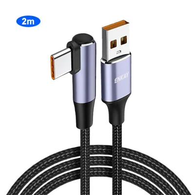 ENKAY HAT PRINCE 2 m 66 W 6 A Kabl do szybkiego ładowania z plecioną powłoką, kabel danych USB do łokciowego złącza typu C, kolor czarny