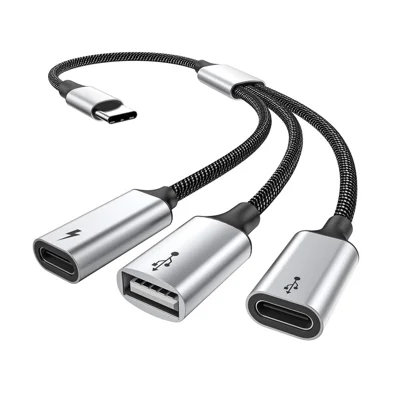 Type-C Male to Dual Type-C + USB 2.0 Female Adapter Hub OTG Splitter Cable Converter 60W Fast Charging for MacBook PC Laptop