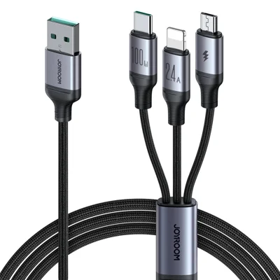 JOYROOM SA21-1T3 серия Speedy для iPhone 15 серия 1,2 м 3-в-1 кабель для зарядки 100 Вт нейлоновый оплетенный USB-A на iP+Type-C+Micro быстрый кабель для зарядки