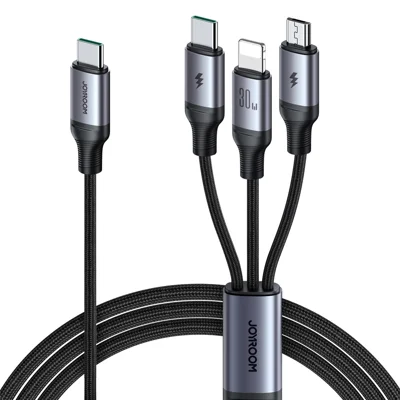 JOYROOM SA21-1T3 серия Speedy для iPhone 15 серия 1,2 м 30 Вт кабель быстрой зарядки с нейлоновой оплеткой USB Type-C на iP+Type-C+Micro 3 в 1 многопортовый зарядный кабель