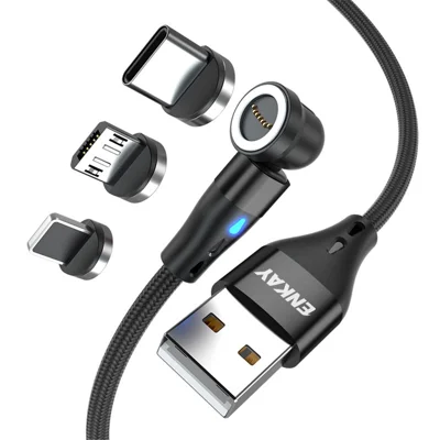 ENKAY HAT PRINCE Cavo di ricarica rapida 3A 3-in-1 magnetico USB a 8-pin / Type-C / Micro USB con luce LED - Nero