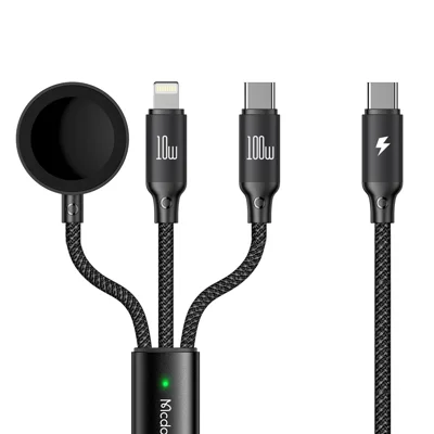 MCDODO CA-4940 Beta Series for iPhone 15 Series 1.2m USB-C to Type-C + iP + Wireless Charger for Apple Watch 3 in 1 Charging Cable, Black