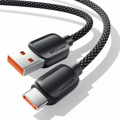 ESSAGER 3 m A-C 7 A 100 W Schnellladekabel USB-A auf Typ-C, umflochtenes TPE-Kabel – Schwarz