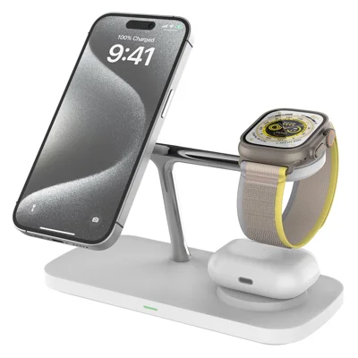 Estación de Carga Inalámbrica Magnética 3-en-1 T255 Qi2, Soporte de Carga Rápida de Hasta 15 W para Teléfono, Auriculares y Reloj Inteligente, Ángulo de Visión Ajustable - Blanco