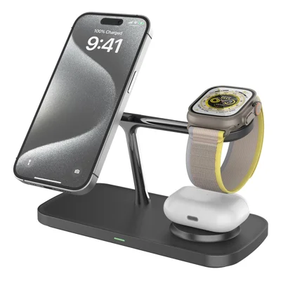 T255 3-in-1 Qi2 Magnetisches kabelloses Ladegerät, bis zu 15 W schnelles Lade-Station für Smartphone, Kopfhörer und Smartwatch, verstellbarer Betrachtungswinkel – Schwarz
