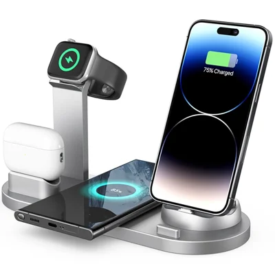 B07A For iPhone / iWatch / AirPods 6-in-1 Desktop Charging Stand 15W Wireless Charging Charger - Silver