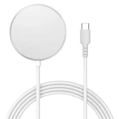 YF-M5C Qi2 Magnetisk Trådløs Oplader af Aluminiumslegering 15 W Hurtig Opladning med 1,5 m Type-C Kabel til iPhone / AirPods – Hvid