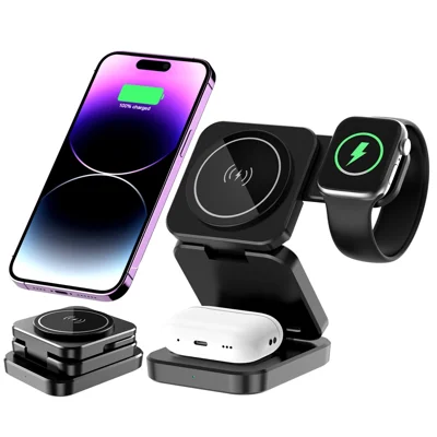 A390 Портативная 3-в-1 магнитная беспроводная зарядная станция для iPhone, Apple Watch и AirPods, 15 Вт быстрая зарядка, компактное устройство для путешествий — черный