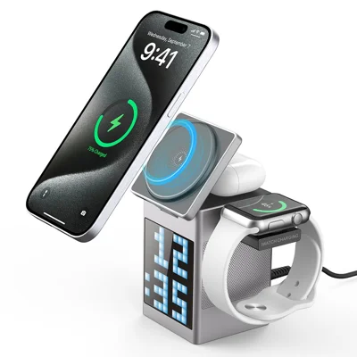 S5 15W Phone Earphone Watch Magnetic Wireless Charger Digital Clock Bluetooth-compatible Speaker - Grey
