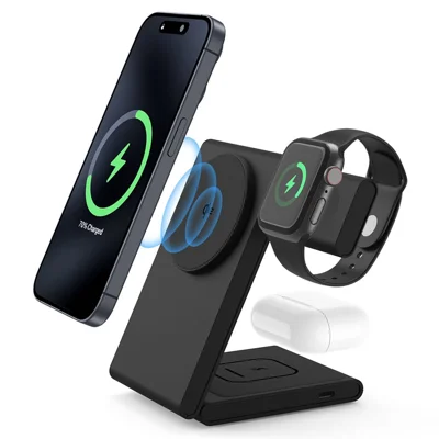M5 Qi2-certificeret magnetisk trådløs oplader 3-i-1 klappelig opladningsstation til iPhone AirPods Apple Watch (CE / FCC / ROHS UKCA certifikat) - Sort