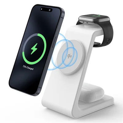 M3 3-i-1 magnetisk trådløs oplader til iPhone Apple Watch AirPods opladningsstation (QI2 / QI / CE / FCC / ROHS / UKCA certificeret) - Hvid