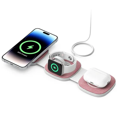 YM-T1 3 in 1 Magnetic Wireless Charger for Phone / Apple Watch / AirPods Foldable Travel Charging Pad - Pink