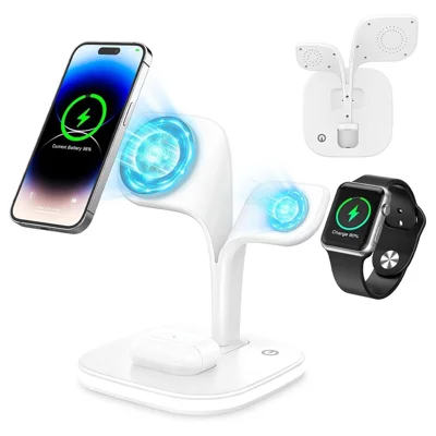 YM-UD22 Magnetisk Trådløs Oplader, Foldbar Opladestation Kompatibel med MagSafe til iPhone 16-12 / Apple Watch / AirPods – Hvid