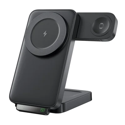 HT-545 Foldable Magnetic Wireless Charger with Night Light 3 in 1 15W Fast Charging Station for Phone / Earbuds / Watch - Black