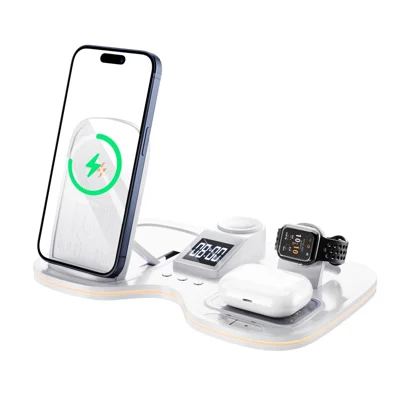 T60 Wireless Charging Station for Phone Watch Earbuds Magnetic Desktop Charger with Time Display