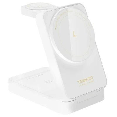 TRANYOO T-WF3 For Apple Watch iPhone AirPods 3 in 1 Magnetic Wireless Charger Foldable Charging Stand - White