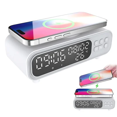 D15 Multifunctional 15W Wireless Charging Station with Night Light Alarm Clock Calendar Temperature Display