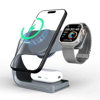 LFX-178X 3-in-1 Wireless Charger TEC Semiconductor Cooling Fan Charging Station for Phone / Earbuds / Watch - Tarnish