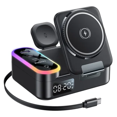 YESIDO DS38 65W Magnetic Wireless Charging Station for Phone / Watch / Earbuds Digital Clock with Retractable Type C Cable