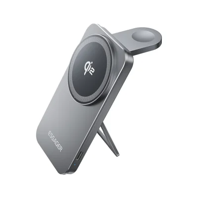 ESSAGER 2-in-1 Qi2 Desktop Magnetische Kabellose Ladestation mit Klappständer 15W Schnellladegerät
