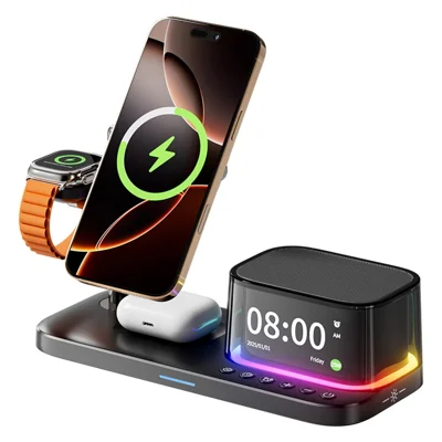 C09PLUS 5 in 1 Qi2.2 25W Magnetic Wireless Charger + Bluetooth-Compatible Speaker + Alarm Clock + Night Light + Time Display - Black