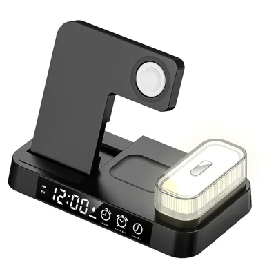JJT-S37 15W Foldable Wireless Charger Dock Multifunctional Fast Charging Station with RGB Ambient Light and Clock for Samsung Watch - Black