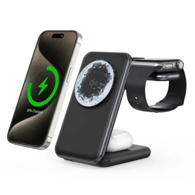 MC01 3 in 1 Qi2 Magnetisches Kabelloses Ladegerät für iPhone / Apple Watch / AirPods 15 W Schnellladung Klappständer – Schwarz