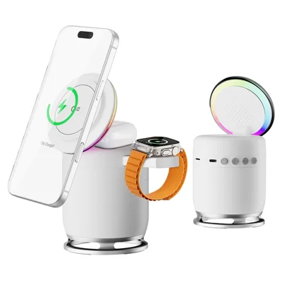 JJT-C52 Qi2 15W Magnetisches Kabelloses Schnellladegerät für Telefon/Uhr/Ohrhörer Bluetooth-kompatibler Lautsprecher mit RGB-Beleuchtung - Weiß