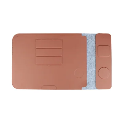 S101 Multi-Function 14 Inch Laptop Sleeve PU Leather Wireless Charging Mouse Pad Notebook Riser Stand - Brown