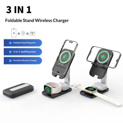 P16 3 in 1 Magnetic Wireless Charging Stand Foldable 15W Fast Charger for Phone/Smart Watch/Earbuds - Black