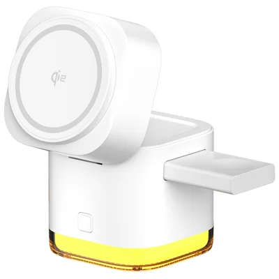 C53 QI2 5 in 1 faltbares magnetisches kabelloses Ladegerät 15 W Schnellladung Ladegerät mit integriertem einziehbarem Kabel mit einstellbarer LED-Nachtbeleuchtung – Weiß