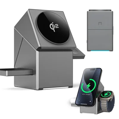 Qi2 Magnetisches Kabelloses Ladegerät 15 W Schnellladung 3-in-1 Drehbare Ladestation für iPhone 12-17 / iWatch / AirPods – Silbergrau