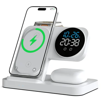 Storpartskøb 4-i-1 15 W klappelig trådløs oplader til iPhone / Apple Watch / AirPods skrivebordsoplader med vækkeur – Hvid