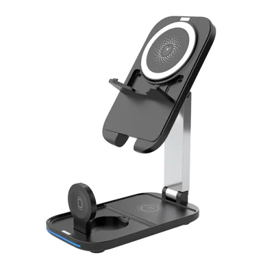 3-in-1-Wireless-Ladestation, faltbarer Ständer für iPhone / Apple Watch / AirPods, 15 W, magnetisches Schnellladegerät - Schwarz