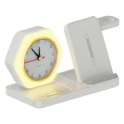 15W 4 in 1 Foldable Wireless Charger with Timer For iPhone  /  Apple Watch  /  AirPods Desktop Charging Station - White