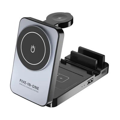 5 in 1 Wireless Charger Station Foldable 15W Fast Charging Stand for Phone/Smart Watch/Earbuds - Grey+Black