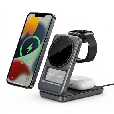 S29 Caricatore Wireless Magnetico 3 in 1 con Luce Ambientale, Supporto di Ricarica Veloce 15 W per Telefono, Orologio e Auricolari, Dock di Ricarica Pieghevole - Grigio