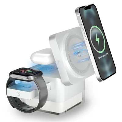 S6 3 in 1 Magnetic Wireless Charging Station Foldable Dock with RGB Light for iPhone Apple Watch AirPods - White