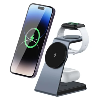T3 Qi2 15W Magnetisches Kabelloses Ladegerät für iPhone Apple Watch AirPods Desktop-Ständer - Grau